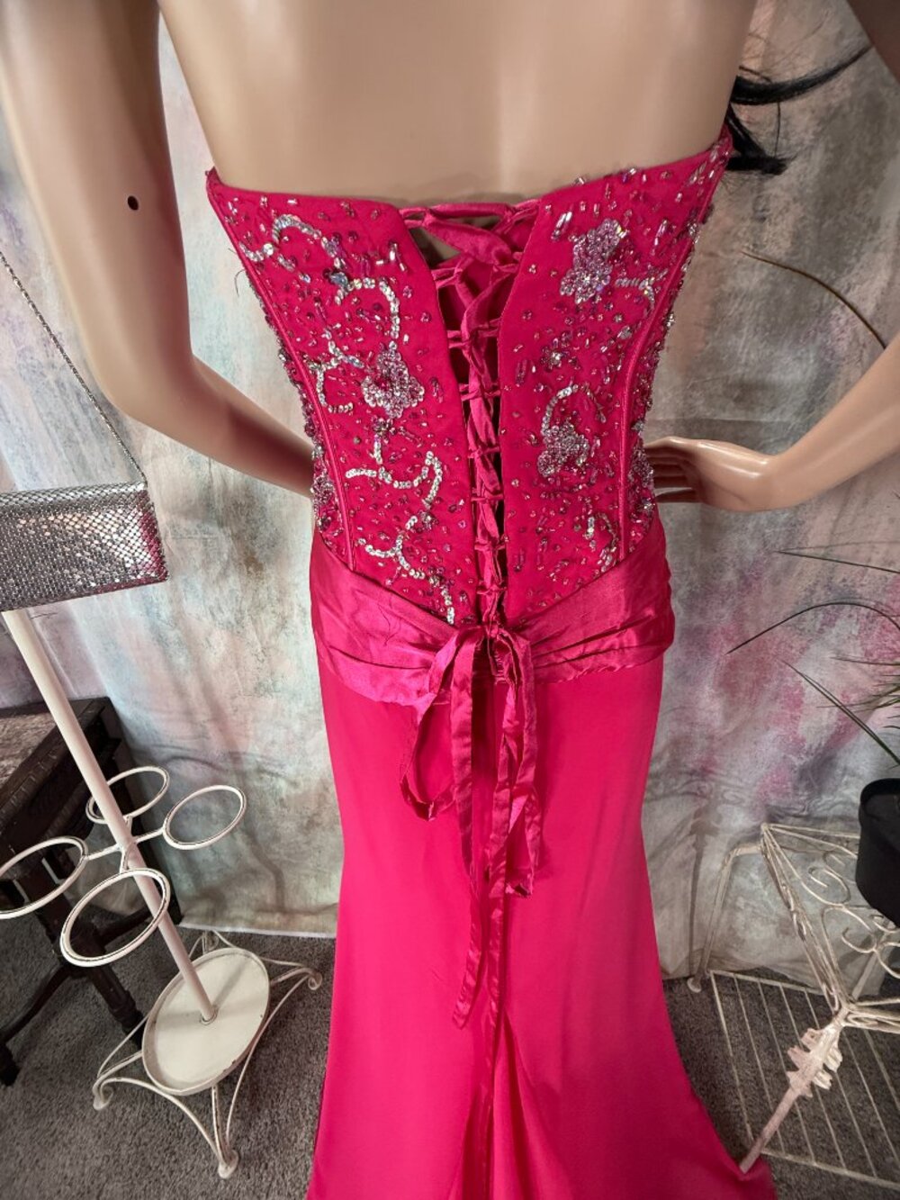 📌Fiesta Hot Pink Strapless Beaded Bodice & Ruffled Slit Formal - Prom Gown - Picture 5 of 15